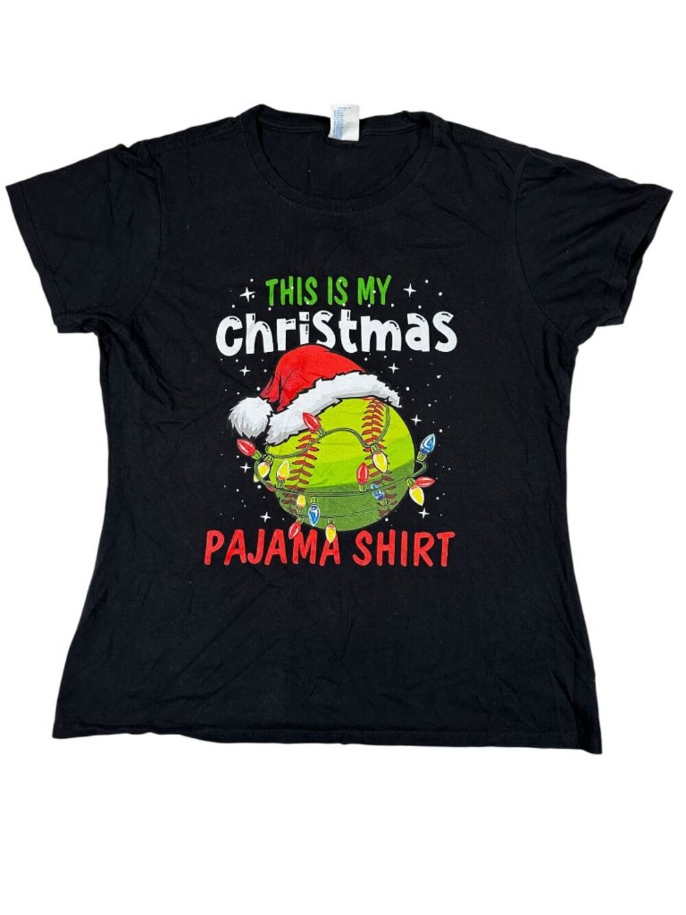 Port & Company Ladies Christmas Pajama Graphic Tee Large Black Santa Softball